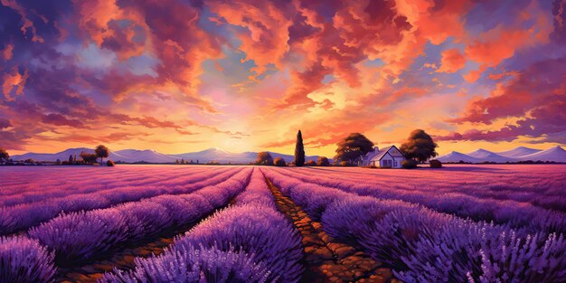 Foto ai generato ai generativo illustrazione realistica della foto del paesaggio rosa del campo di lavanda della fattoria romantica