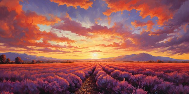 AI Generated AI Generative Photo realistic illustration of pink romantic farm lavend field landscape