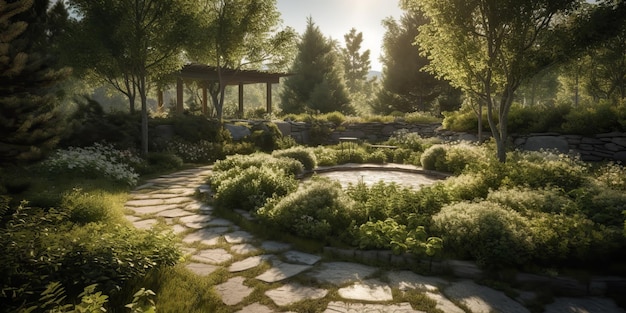 AI Generated AI Generative Photo realistic illustration of scandinavian peace calm meditation garden outside city house Relax vibe Graphic Art Illustration