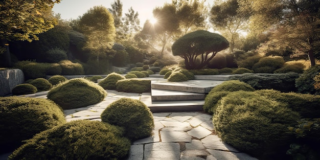 Реалистичная иллюстрация скандинавского мира спокойный сад медитации за пределами городского дома Расслабляющая вибрация Графическая иллюстрация