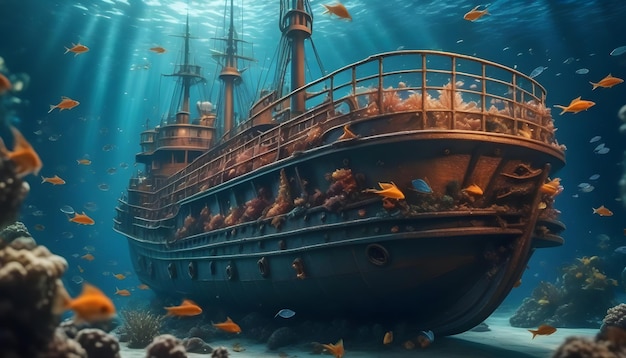 AI Generated AI Generative a photo of a ship under the water and fishes