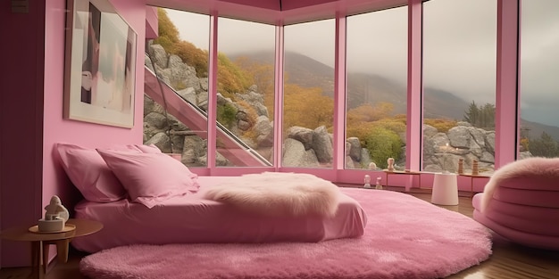 AI Generated AI Generative Pink luxury bedroom with window view on nature outdoor forest