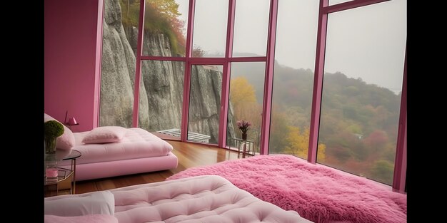 AI Generated AI Generative Pink luxury bedroom with window view on nature outdoor forest