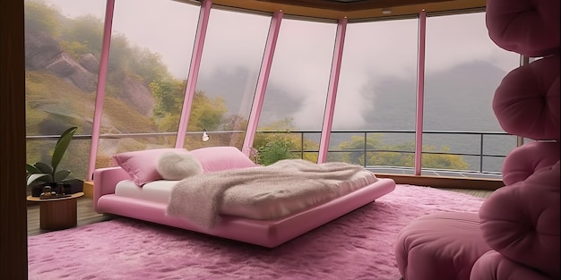 AI Generated AI Generative Pink luxury bedroom with window view on nature outdoor forest