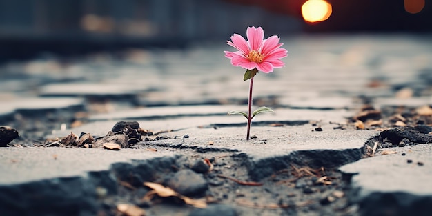 Foto ai generato ai generativo fiori rosa viola che crescono sull'asfalto rotto a terra