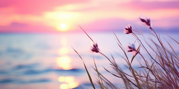 Foto ai generato ai generativo stelo di erba rosa e viola sullo sfondo dell'acqua di mare del lago