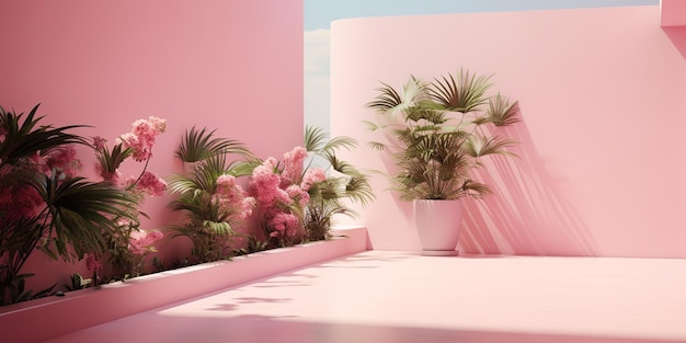 Генерация искусственного интеллекта Розовая стена ботанические цветы растительная архитектура Роскошная уютная минимальная атмосфера