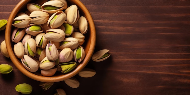 Ai generated ai generative pistachio nuts in bowl in wooden table healthy vegan organic food graphic art illustration