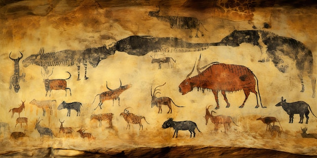 AI Generated AI Generative Primitive historical stone cave wall drawing art of animals hunting Graphic Art