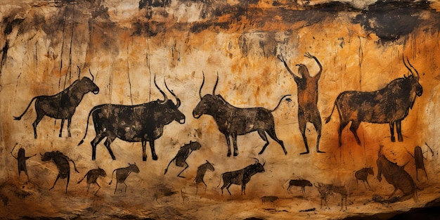 AI Generated AI Generative Primitive historical stone cave wall drawing art of animals hunting