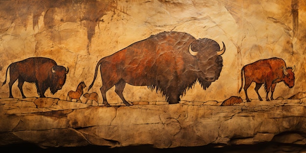 AI Generated AI Generative Primitive historical stone cave wall drawing art of huge big bi bison Graphic Illustration