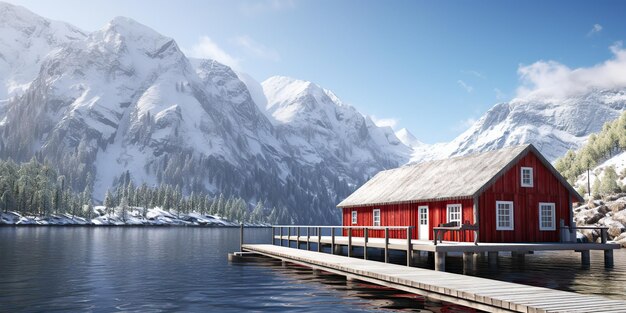 AI Generated AI Generative Red house harbour coast line dock station at scandinavian style place