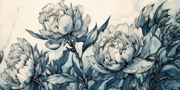 AI Generated AI Generative Retro vintage paint drawing ink sketch peonies flowers in blue old style