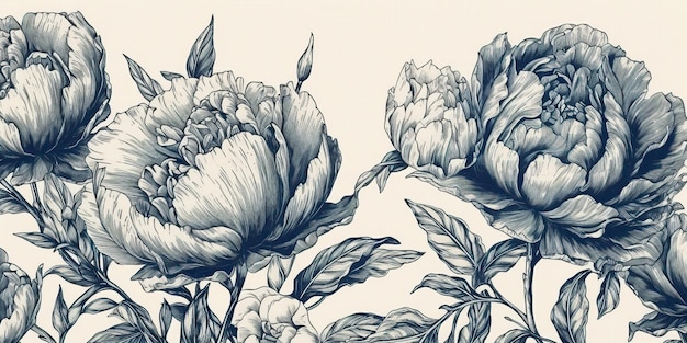AI Generated AI Generative Retro vintage paint drawing ink sketch peonies flowers in blue old style