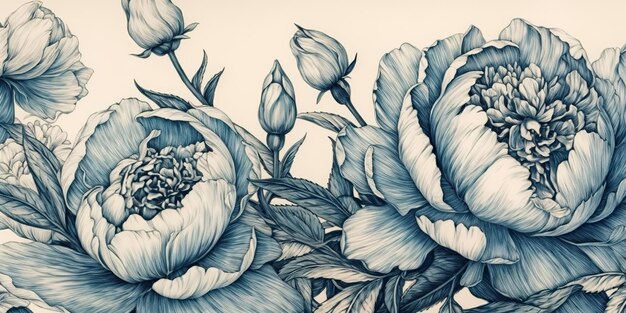 AI Generated AI Generative Retro vintage paint drawing ink sketch peonies flowers in blue old style