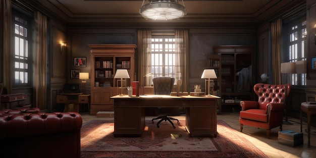 AI Generated AI Generative Retro vintage style office powerful big boss with massive table