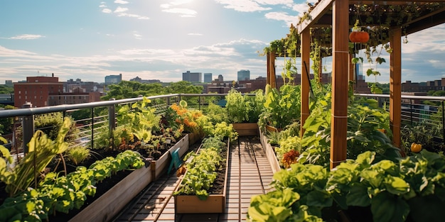 AI Generated AI Generative Rooftop stad stedelijk gebouw kruiden biologische tuin groenten