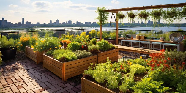 AI Generated AI Generative Rooftop stad stedelijk gebouw kruiden organische tuin