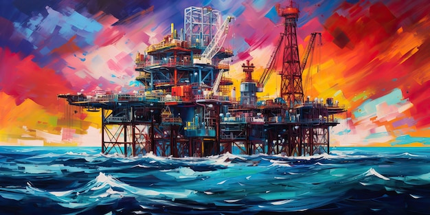 AI Generated AI Generative Sea ocean nautical marine offshore drilling oil gas platform station Graphic Art Illustration