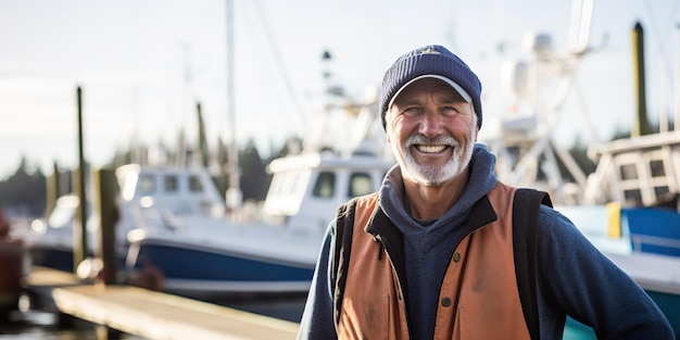 Портрет лица взрослого мужчины, портрет рыбака-капитана на деревянном причале