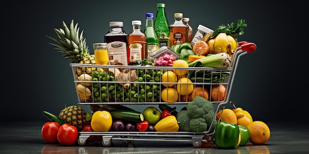 AI Generated AI Generative Shopping cart with a lot of fruits and vegetables