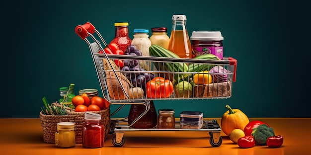 Photo ai generated ai generative shopping cart with a lot of fruits and vegetables