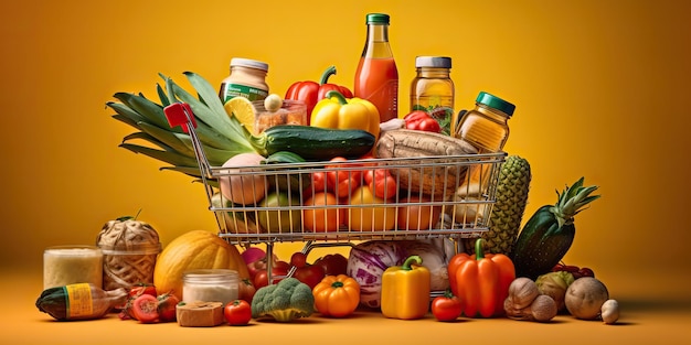 AI Generated AI Generative Shopping cart with a lot of fruits and vegetables