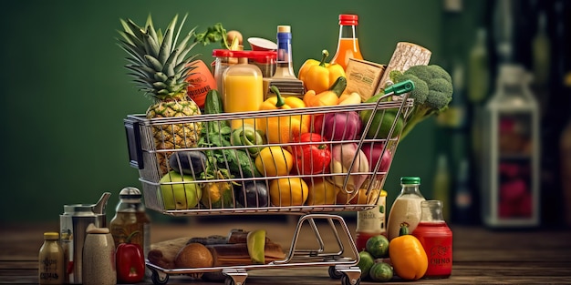 AI Generated AI Generative Shopping cart with a lot of fruits and vegetables