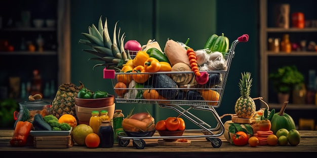 AI Generated AI Generative Shopping cart with a lot of fruits and vegetables