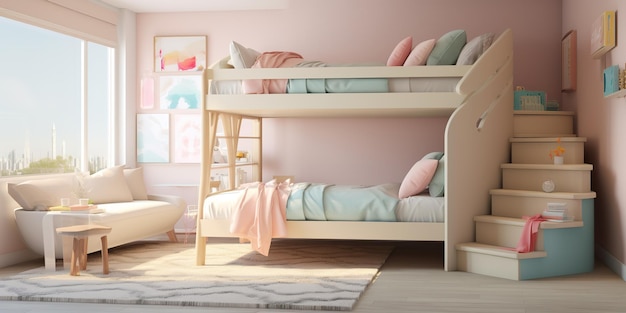 AI 생성 AI Generative Sofr 핑크 색상 소녀 침실 아늑한 실내 방 장식