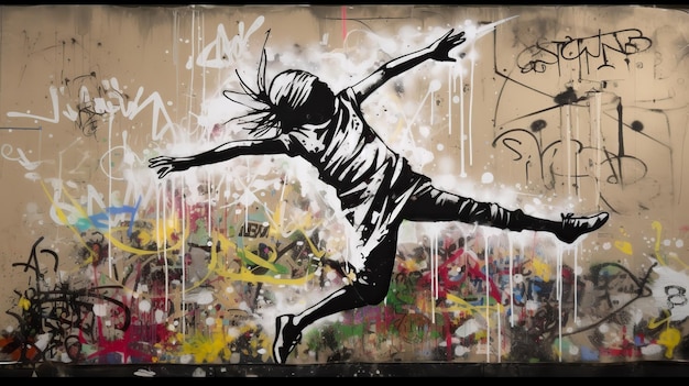 AI Generated AI Generative 스트리트 아트 그래피티 춤추는 사람 음악 리듬 Banksy 언더그라운드 문화 그래픽 아트에서 영감을 받음