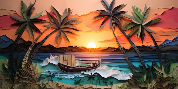 AI Generated AI Generative Sunset eiland tropisch paradijs palmen zee oceaan vakantie boot