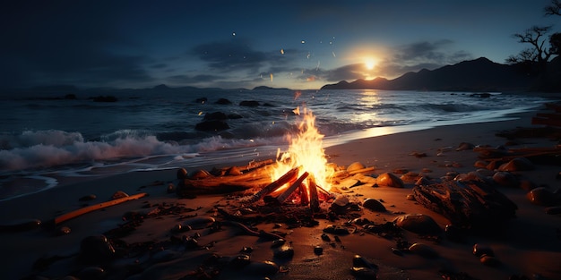 Photo ai generated ai generative sunset evening night bonfire campfire fire wood at sea ocean coast