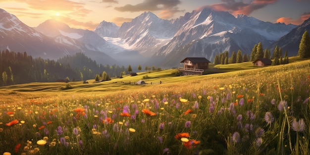 Сгенерированный AI Генеративный AI Швейцарские Альпы pecae спокойный пейзаж приключения атмосфера Графическое искусство