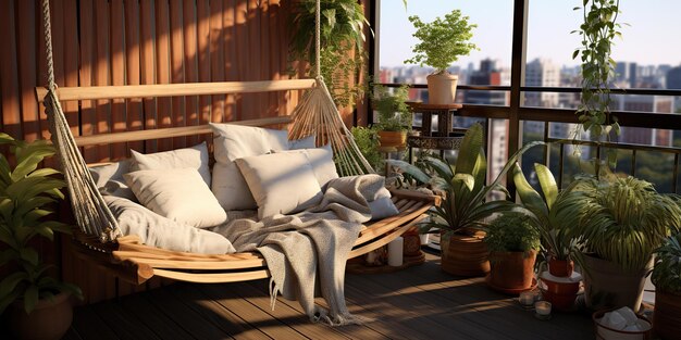 Foto ai generated ai generative terrace balkon hangmat in de stad stedelijk huis gebouw landschap met veel planten achtergrond grafische kunst