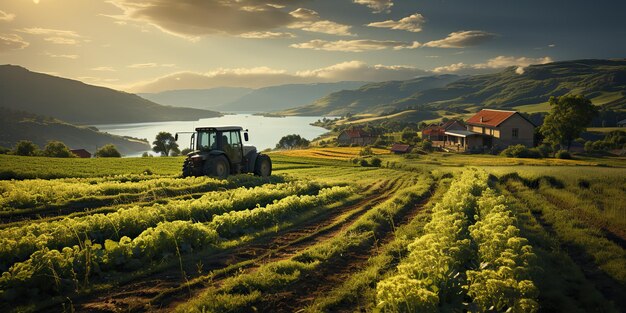 AI Generated AI Generative Tractor комбинирует машину на поле, лугах, урожае, сельском хозяйстве, сельской местности