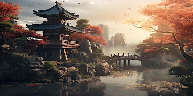 AI Generated AI Generative Traditional history asian Japanese Chinese temple building tower