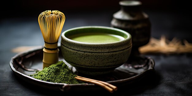 Photo ai generated ai generative traditional japanese asian matcha tea ceremony bowl wooden dry organic spoon powder graphic art