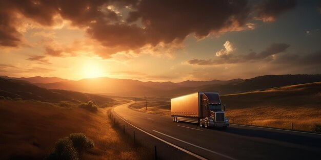 Photo ai generated ai generative truck auto mobile at road highway parking with sunset country side landscape background graphic art