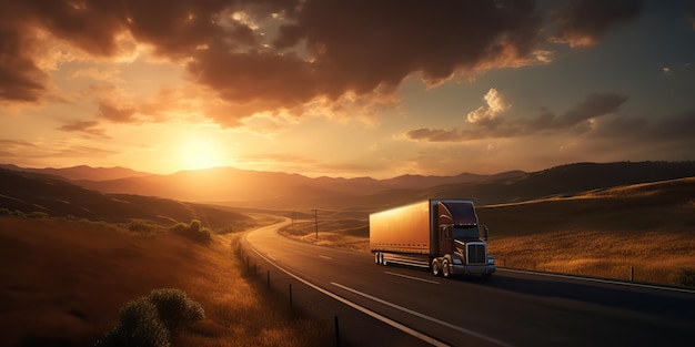 AI が生成した AI 生成トラック自動車モバイル、日没の田舎の高速道路の駐車場で