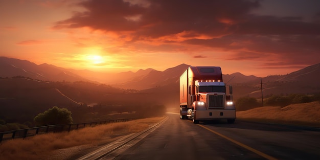 AI Generated AI Generative Truck автомобиль на парковке у шоссе с загородной местностью на закате