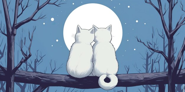 AI Generated AI Generative Two cats sitting at night in front of the moon together Love romantic