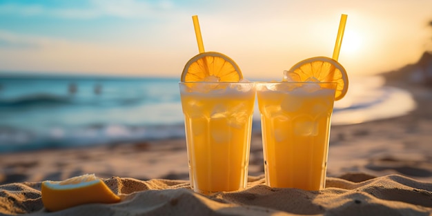 AI Generated AI Generative 휴가 여행에서 두 개의 오렌지 노란색 주스 휴식 해변 모래와 바다
