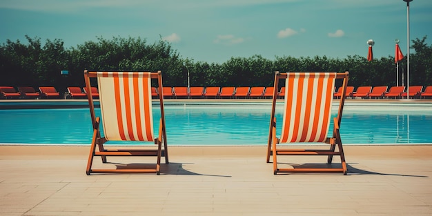 Foto ai generato ai generativo due sedie in legno alla piscina vacanze rilassante in albergo arte grafica