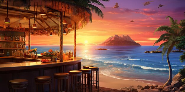 Ai generated ai generative vacation beach island sand sea ocean bar pub at sunset night party