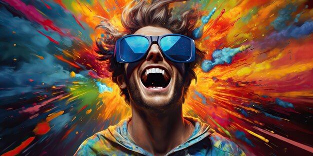 Photo ai generated ai generative vibrant multi color explosion holi powder boom with handsome man portrait in sunglasses graphic art