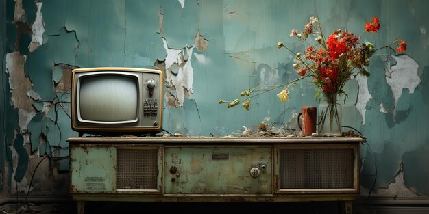 Photo ai generated ai generative vintafe retro old antique tv televison box close to the wall background graphic art