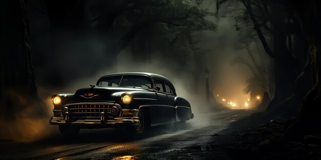 AI Generated AI Generative Vintage retro classic car on road mist fog forest tree nature outdoor dark gothic scary halloween vibe Graphic Art Illustration