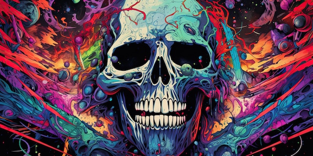 AI Generated AI Generative Vintage retro color bright acid colors psychedelic human skull