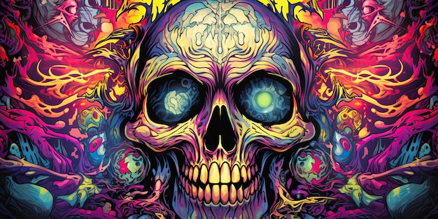 AI Generated AI Generative Vintage retro color bright acid colors psychedelic human skull